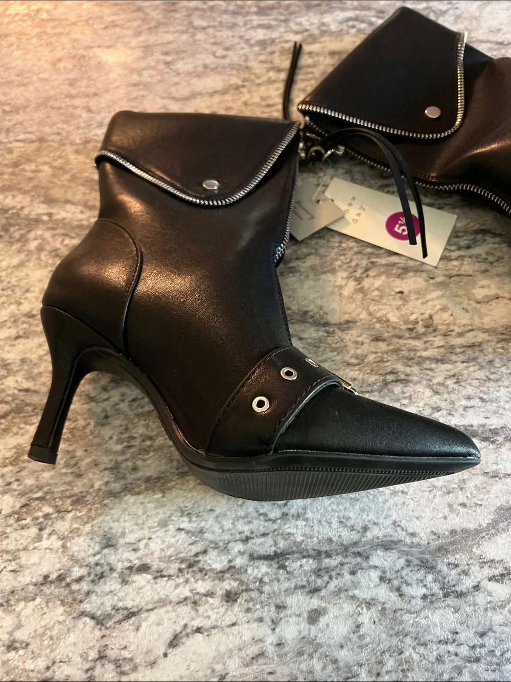 Black Pointed Toe Ankle Boots with Fringe Zipper and Silver Belt Wrap NWT 5.5
